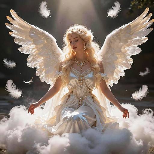 Photograph-like digital art of a radiant blonde angel with large white wings, golden jewelry, flowing white dress, surrounded by glowing feathers and mist, sitting