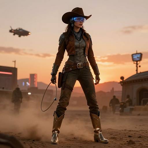 Photorealistic CGI of a fierce, armored female cowboy in a sunset desert, wearing a black hat, glowing blue visor, leather vest, and