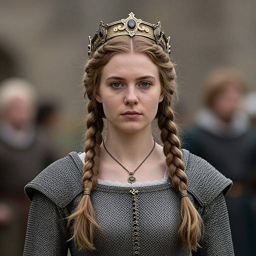 Photograph of a young woman with fair skin, blue eyes, and braided blonde hair wearing a metallic crown, chainmail dress, and necklace,