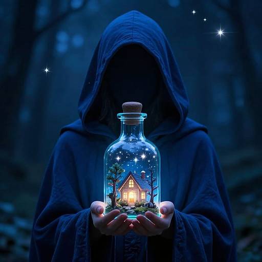 Mystical Hooded Figure with Enchanted Bottle