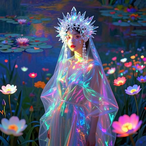 Digital art: Glowing, ethereal Asian woman with iridescent dress, crystal crown, and veil, standing in vibrant, neon-lit pond
