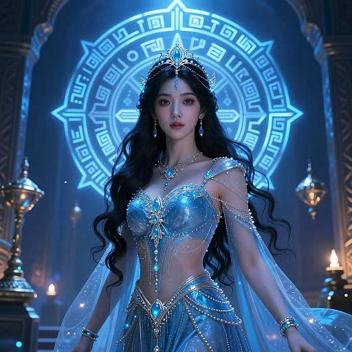 Digital artwork of a beautiful Asian woman with long black hair, wearing a shimmering blue and silver magical outfit, standing in front of a glowing blue circular