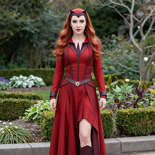 Photograph of a fair-skinned woman with long red hair, wearing a red, long-sleeved, high-collared dress with black trim