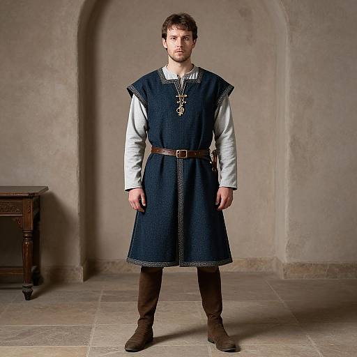 Photograph of a young white man with short brown hair, wearing a medieval-style blue dress with white shirt and brown belt, standing in a stone-f