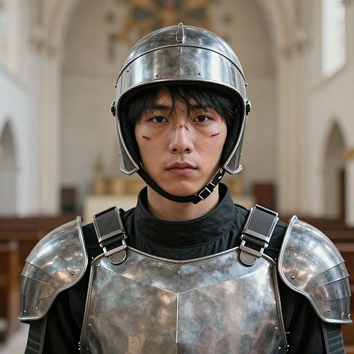 Photograph of an Asian male in medieval silver armor and helmet, with facial scars, standing in a blurred church interior.