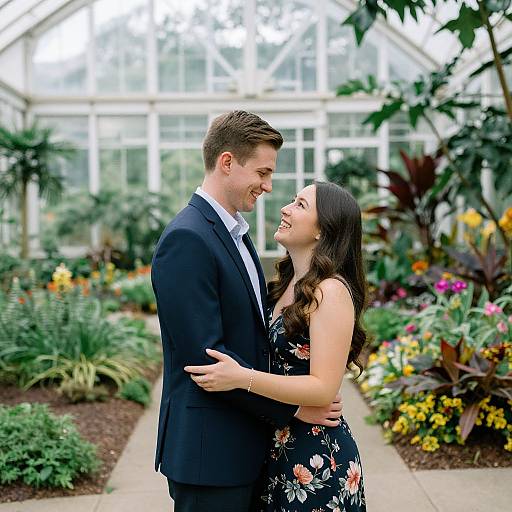 Photograph of a smiling couple in a greenhouse, the man in a black suit and white shirt, the woman in a floral dress, standing close and