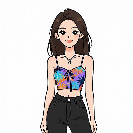 Digital illustration of a smiling young woman with straight brown hair, wearing a colorful floral crop top and black high-waisted pants.
