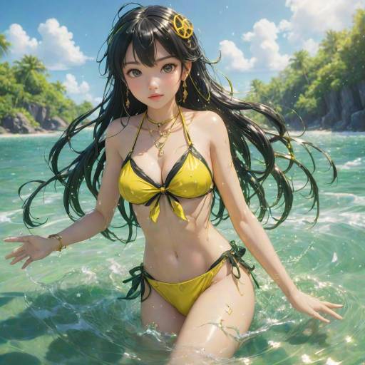 Anime Girl in Yellow Bikini at Beach