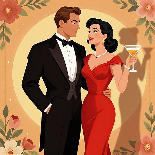 Digital illustration of a brown-haired man in a black tuxedo and a black-haired woman in a red dress holding a martini, standing close,