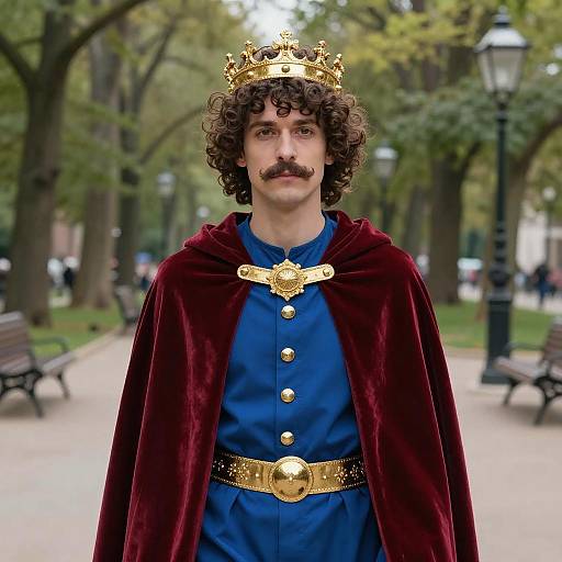 Regal Curly-Haired Man in Velvet Cape