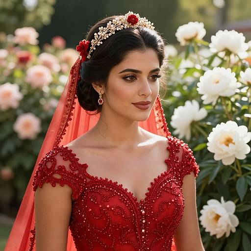 Photograph of an Indian woman with dark hair in an updo, wearing a red, beaded bridal gown and veil, adorned with a floral head