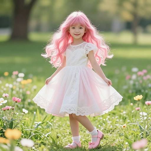 Young Girl in Sparkling Pink Meadow