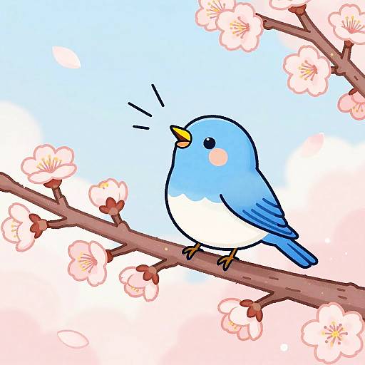 Cute digital drawing of a blue and white bird with a yellow beak, perched on a cherry blossom branch, chirping. Background: light
