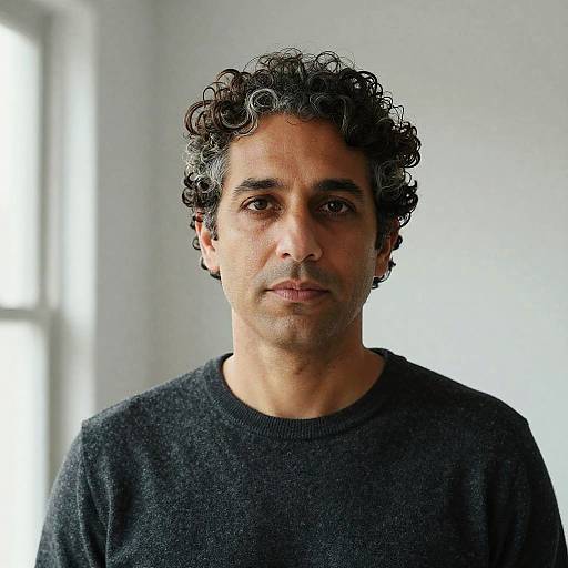 Photograph of a middle-aged man with curly dark hair, brown eyes, and olive skin, wearing a black sweater, standing against a softly lit white