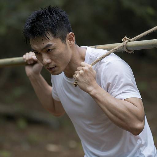 Muscular Asian Man in Forest Setting