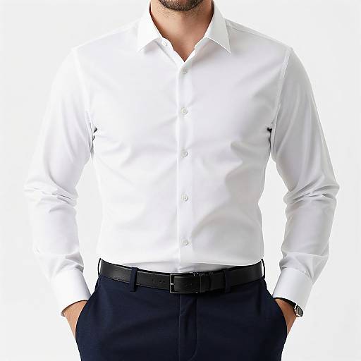 Photograph of a man's torso wearing a crisp white dress shirt, black pants, and black belt, with hands in pockets, against a white background