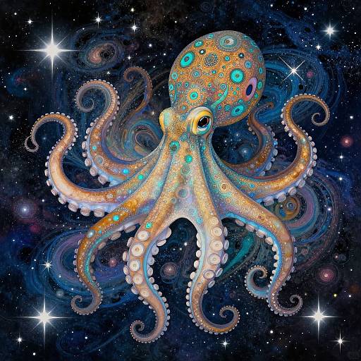 Digital illustration of a vibrant, patterned octopus with glowing blue and orange spots, swirling tentacles, and starry cosmic background.