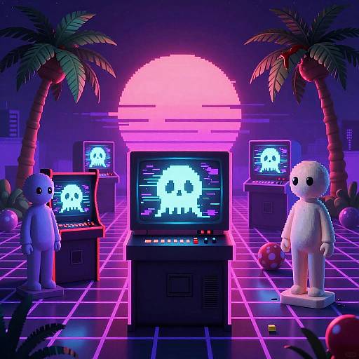 Vaporwave Horror Haunted Arcade Scene