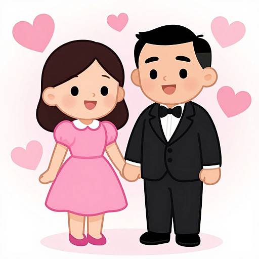 Cartoon-style drawing of a happy couple: girl in pink dress, boy in black suit, holding hands, surrounded by pink hearts.