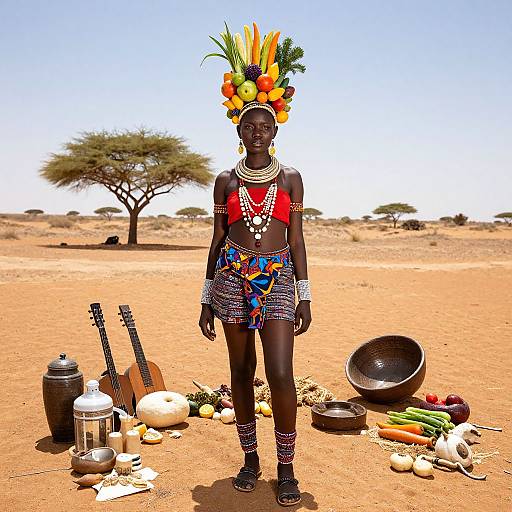 Photograph of a dark-skinned African woman in traditional attire with colorful headdress, red chest piece, beaded jewelry, standing in desert, surrounded