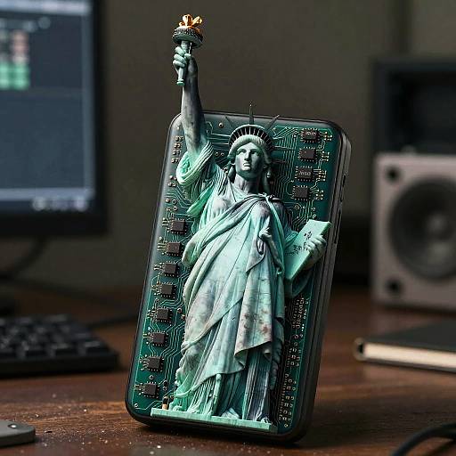Photograph of a detailed Statue of Liberty figurine embedded in a vertical circuit board, standing on a wooden desk with a computer monitor and speaker in the