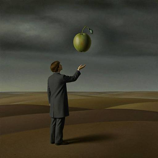 Photograph of a man in a dark suit, standing in a desert-like landscape, reaching upward to catch a green, floating apple with a stem.