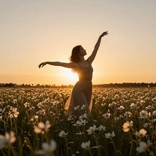 Silhouetted woman dancing in a sunlit field of white flowers at sunset, arms raised, wearing a flowing dress, golden sky background.
