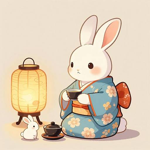 Tranquil Rabbit Tea Ceremony Illustration