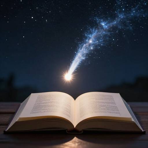 Open book under starry night sky with a bright shooting star tracing a Milky Way-like path overhead. Photographic realism.