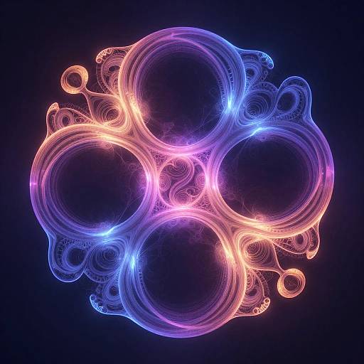 Digital artwork of interconnected, glowing, neon-purple, blue, and orange rings on a dark blue background, resembling a futuristic, abstract molecular structure.