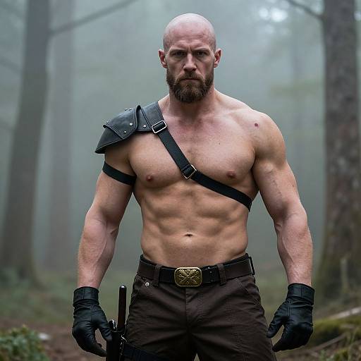 Photograph of a muscular, bald, bearded man with a black shoulder pad, black strap, black gloves, and brown pants, standing in a