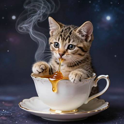 Adorable tabby kitten drinking honey from a white, gold-rimmed teacup, with steam rising, against a cosmic, starry background