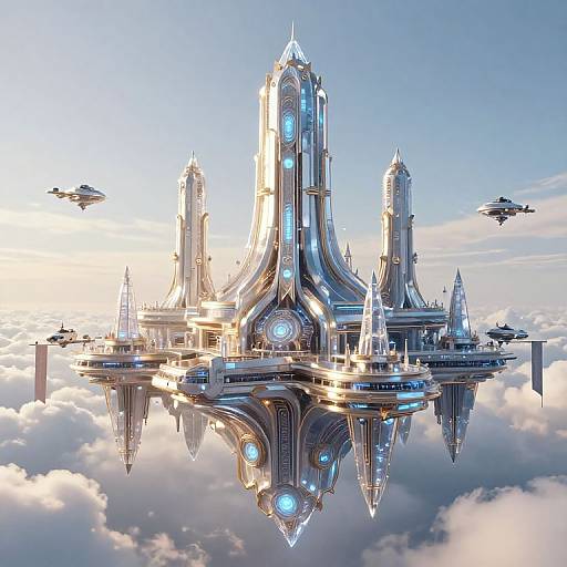 Photorealistic CGI of a futuristic, silver skyscraper city floating in the clouds, illuminated by blue lights, with flying ships around.