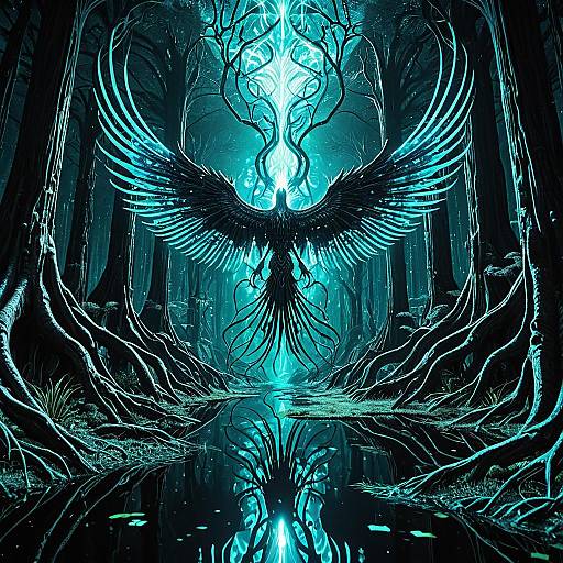 Neon Phoenix Hovering Over Bioluminescent Swamp