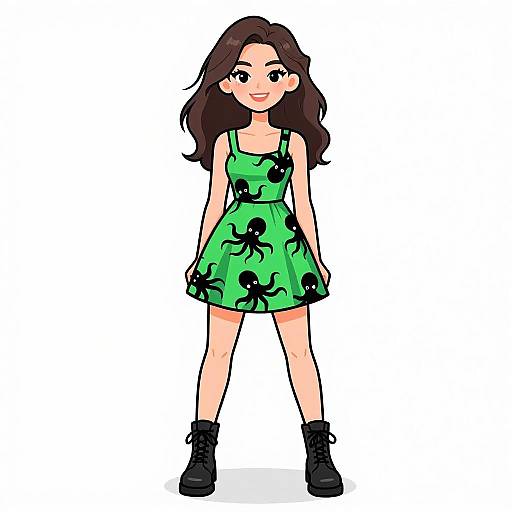 Cartoon-style digital drawing of a smiling young woman with long brown hair, wearing a green dress with black bat patterns and black boots, standing against a