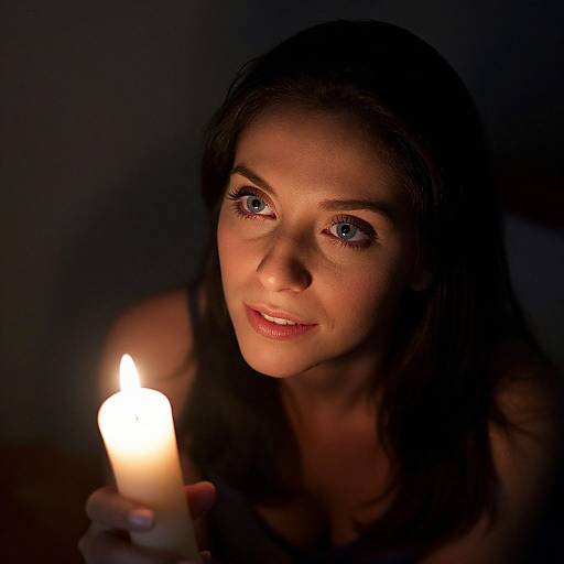 Photograph of a woman with blue eyes, dark hair, and light skin, holding a lit candle, illuminating her face in dim light.