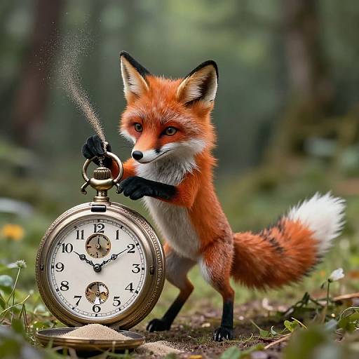 Photorealistic digital art of a cute, small red fox with white underbelly and black-tipped ears, blowing on an antique brass pocket watch