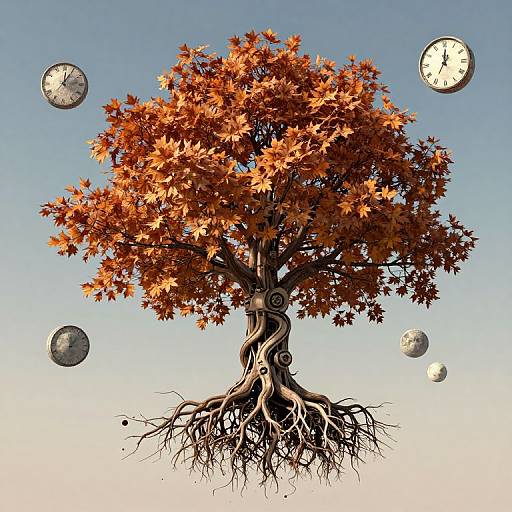 Digital illustration of a tree with vibrant orange leaves, visible roots, and four floating clocks against a clear blue sky.