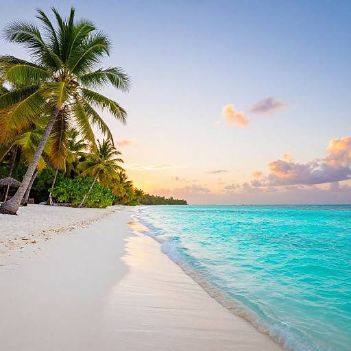 Photograph of a tropical beach at sunset: turquoise ocean, white sand, swaying palm trees, vibrant orange and blue sky, gentle waves.