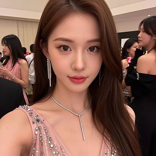 Photograph of a young Asian woman with long brown hair, wearing a sparkly pink dress and silver necklace, standing in a crowded, well-lit