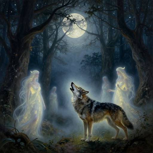 Digital painting: Ethereal, glowing female spirits surround a howling wolf under a full moon in a dark, misty forest.