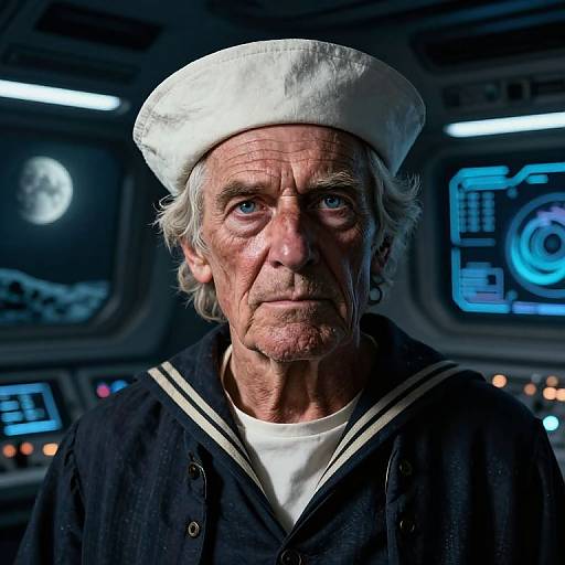 Photograph of an elderly man with white hair, wearing a white sailor hat and dark navy sailor uniform, in a dimly lit spaceship control room with