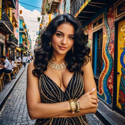 Elegant woman posing on vibrant street