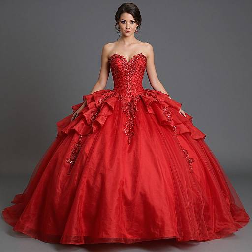 Photograph of a beautiful woman with dark hair in an elaborate, strapless red ball gown with intricate lace and ruffled details, standing against a gray