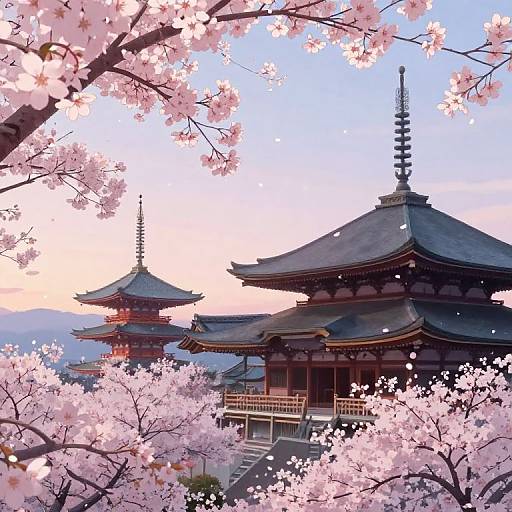 Serene Cherry Blossoms Over Temple GIF