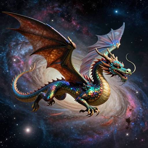 Vibrant digital artwork of a multicolored, iridescent dragon with glowing scales, large wings, and sharp claws, soaring through a cosmic