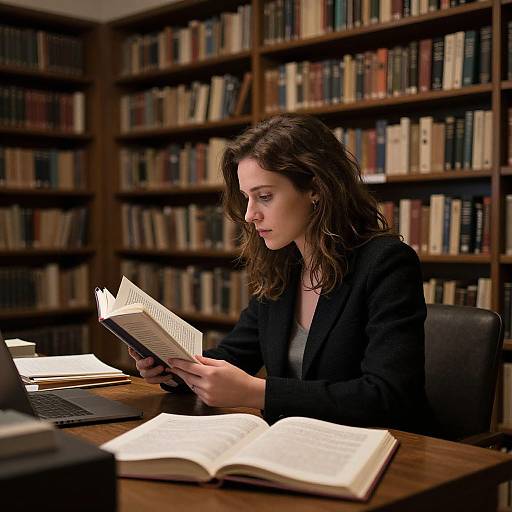 Photograph of a focused young woman with wavy brown hair, wearing a black blazer, reading books in a dimly lit library.