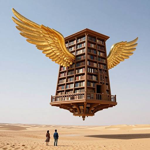 Photograph of a floating, winged, wooden library building with books, over a desert, with two small figures standing below.