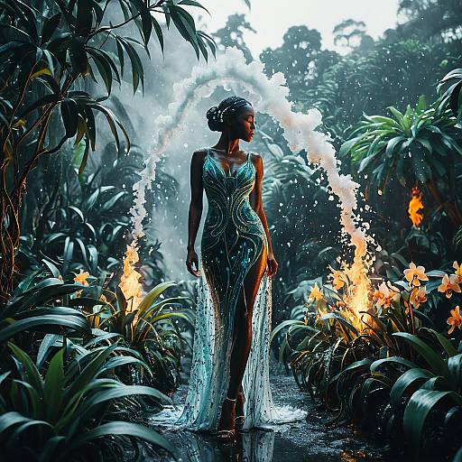 Elegant Woman in Luminous Botanical Garden