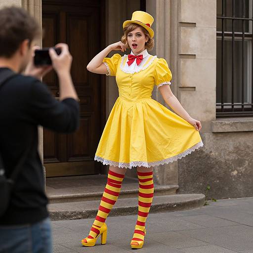 Photograph of a woman in a yellow Alice in Wonderland-style dress with red bow, yellow hat, red-striped yellow stockings, and yellow heels, posing